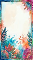 Colorful watercolor floral frame with ornamental botanical borders and vibrant paint splashes. Isolated design element on white background, ready for invitations, posters, and creative projects.