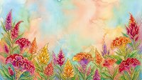 Vibrant watercolor floral border with colorful celosia and tropical flowers on a soft pastel sky background, perfect for cards and prints.