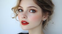 Young Caucasian woman with blonde hair and red lipstick showcasing professional makeup artistry and beauty styling for cosmetic and fashion industry.