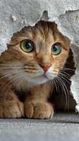 Curious ginger cat with green eyes peeking through hole in wall, showing paws beneath. Playful feline exploring hidden space.