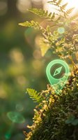 Green location pin with leaf icon nestled among fern leaves in golden sunlight with bokeh background for eco-friendly navigation and sustainable travel concepts.