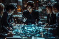 Diverse business team analyzing futuristic holographic data visualization in dark office setting with dramatic blue lighting and circular interface display.