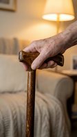 Elderly person's wrinkled hand gripping wooden walking cane in warm home interior with soft lighting for mobility and independence support.