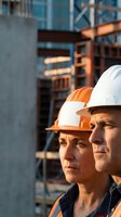Two construction workers in hard hats looking ahead at building site during golden hour. Professional contractors planning project development and safety.