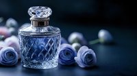 Elegant crystal perfume bottle with ornate cut glass design surrounded by soft blue roses on dark background for luxury cosmetics branding.