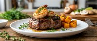 Grilled beef steak topped with shrimp, served with roasted potatoes and fresh herbs on white plate for fine dining and restaurant menus.