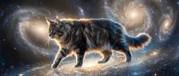 Majestic tabby cat walking through cosmic space with swirling galaxies and stars creating mystical fantasy scene for creative projects and digital art.