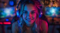 Young woman in headphones smiling at camera with neon lighting creating vibrant red and blue glow effects, nightlife atmosphere with blurred bokeh background.