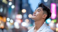 Young Asian man in white shirt smiling with eyes closed against blurred city lights background at night, expressing joy and freedom in urban setting.
