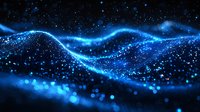 Glowing blue wave of particles flowing through dark space with bokeh light effects and sparkling dots creating magical atmosphere.