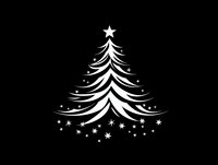 White Christmas tree silhouette with decorative stars on black background for holiday designs, greeting cards, and festive decorations.