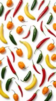 Colorful hot chili peppers pattern on white background. Fresh spicy vegetables including red, green, yellow and orange varieties scattered randomly.