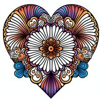Ornate heart shape filled with detailed floral mandala pattern in white, orange, purple and blue tones on isolated background, suitable for decorative art and fabric design.
