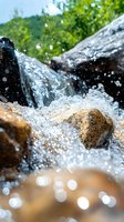 Rushing mountain stream with crystal clear water splashing over rocks, creating dynamic water drops and bokeh effects against natural green background.