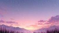 Serene mountain landscape at twilight with purple pink sky and stars above silhouetted peaks and grass foreground for nature backgrounds and meditation content.