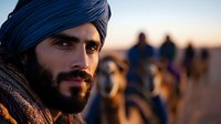 South Asian man with traditional blue turban and beard in desert setting with camel caravan silhouetted against sunset sky, capturing cultural heritage and travel atmosphere.
