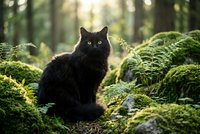 Black cat sitting on moss-covered rocks in enchanted forest with sunlight filtering through trees creating magical woodland atmosphere for nature photography.