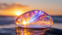 Magical crystal clear bubble reflects golden sunset and ocean waves, creating ethereal light refraction with purple and blue hues against dramatic sky background.