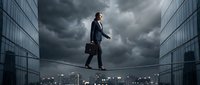 Professional businessman walking on tightrope between skyscrapers under stormy sky, representing risk management and corporate leadership challenges.