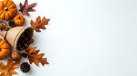 Autumn harvest composition with small pumpkins, acorns, pine cones, and fallen oak leaves spilling from burlap sack on white background.