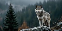 Majestic gray wolf standing on rocky outcrop in misty mountain forest with evergreen trees and moody atmospheric lighting for wildlife photography.