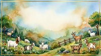 Herd of goats grazing on rolling hillside pasture with wooden fence, mountains and trees in background, watercolor style pastoral landscape for farm, agriculture and rural design projects.