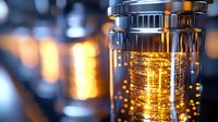 Glowing golden liquid in laboratory glass beaker with metallic cap against blurred background creates scientific atmosphere with bokeh light effects.