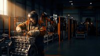 Industrial worker operating machinery in modern manufacturing facility with warm lighting and metal equipment for automotive production processes.