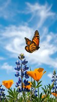 Monarch butterfly hovering above vibrant orange and purple wildflowers against a bright blue sky with white clouds, ideal for nature and garden designs.