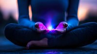 Mystical glowing purple light floating between hands in meditation pose against dark background, creating magical atmospheric effect for spiritual concepts.