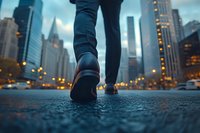 Close-up view of business person walking on wet city street at dusk, with blurred urban skyscrapers and bokeh lights creating moody atmosphere.
