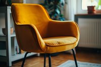 Modern yellow velvet armchair with metal legs in cozy home interior setting against blurred background with natural lighting and wooden floor.