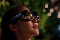 Young Asian woman wearing stylish sunglasses with light reflections at sunset, soft bokeh background creates dreamy atmosphere, glossy lips and upward gaze.