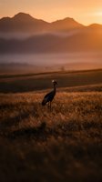 Crowned crane silhouette standing in golden grassland at sunset with misty mountains in background creating dramatic wildlife landscape scene.