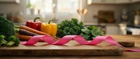 Fresh organic vegetables on wooden cutting board with pink measuring tape for healthy diet and weight loss nutrition concept in modern kitchen.
