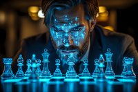 Bearded Caucasian businessman analyzing glowing blue chess pieces with digital facial scan overlay in dark setting, representing strategic artificial intelligence in business.