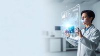 Young female doctor analyzing holographic medical data display in modern healthcare facility with advanced technology interface for patient diagnosis.