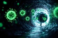 Silhouette of person walking in glowing tunnel surrounded by green virus particles floating in dark space, concept of pandemic and health crisis.