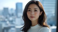 Young Asian woman in white top smiling confidently against urban cityscape background with soft natural lighting and professional business district setting.