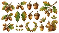 Acorn and oak leaf botanical elements isolated on white background, ready for design projects, invitations, autumn crafts, and educational materials.