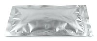 Metallic silver foil pouch package isolated on white background for food storage, supplements, cosmetics and commercial product packaging design.