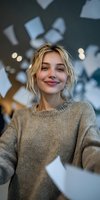 Young woman with tousled blonde hair wearing beige sweater smiling against blurred artistic background with geometric shapes and soft bokeh lights.