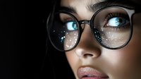 Young woman with bright blue eyes wearing round glasses, glitter sparkles reflecting in lenses against dark background, close up beauty portrait with dramatic lighting.