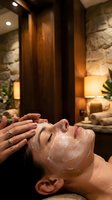 Young woman receiving a luxurious facial treatment at a spa, with cream mask applied, eyes closed in relaxation, warm ambient lighting.