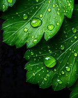 Fresh green leaves with water droplets after rain showing natural texture and moisture for organic wellness and environmental concepts.