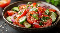 Fresh summer salad with juicy tomatoes, crisp cucumber slices, red onion rings and herbs in rustic wooden bowl, seasoned with spices and olive oil.