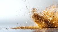 Golden glitter particles explosion with sparkling dust cloud against white background. Luxury celebration powder burst for festive design projects.