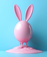 Pink rabbit head with long ears melting into puddle on blue background, isolated design element suitable for children's graphics, Easter projects, greeting cards, and creative digital artwork.
