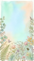 Soft watercolor floral border frame with pastel flowers, leaves, butterfly and bee on a dreamy gradient background, perfect for cards and invitations.
