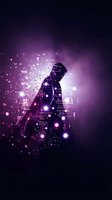 Digital silhouette of person dissolving into glowing purple particles and light effects on dark background for technology and transformation concepts.